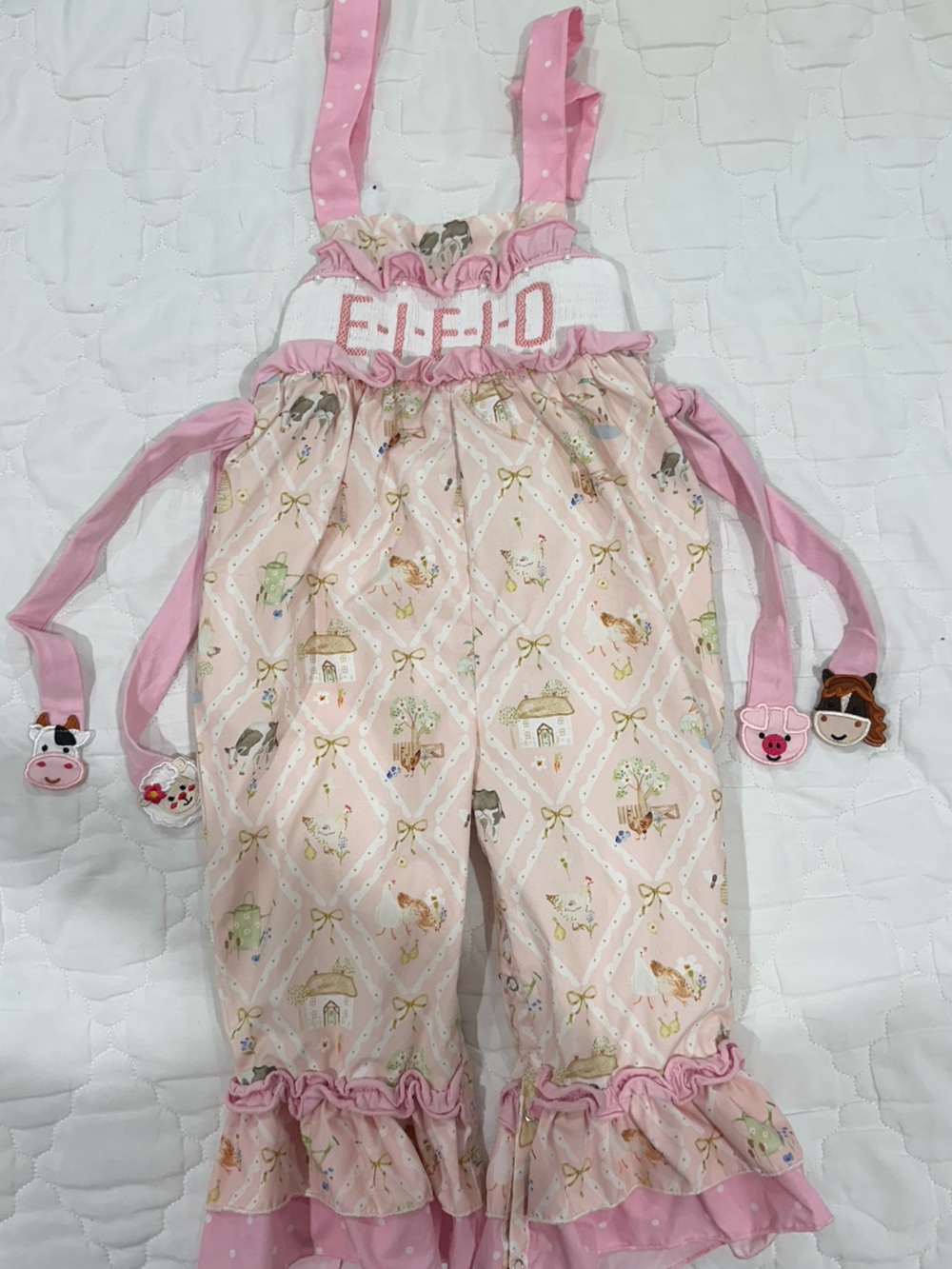 Smocked Farm Overalls with Animal Appliqués